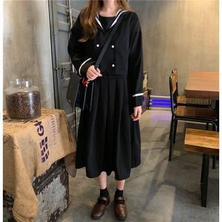 Sailor Collar Long-sleeve A-line Dress Black - One Size