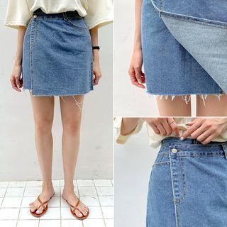 Wrap-front Distressed Denim Miniskirt