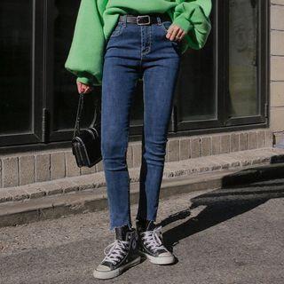 Cutout-hem High-waist Skinny Jeans