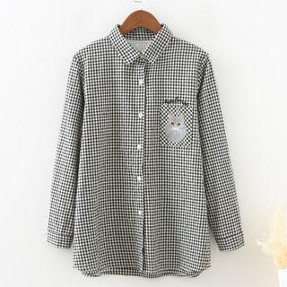 Cat Embroidered Gingham Long-sleeve Shirt