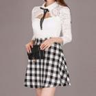 3/4-sleeve Mock Two-piece Lace Plaid Mini Dress