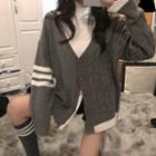 Loose-fit Striped Knit Cardigan Gray - One Size