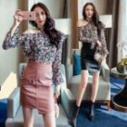 Set: Long-sleeve Floral Print Cutout Top + Faux Leather Mini Skirt