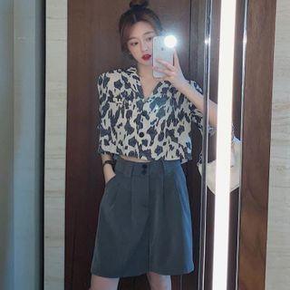 Short-sleeve Leopard Print Shirt / Wide-leg Shorts