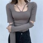 Long-sleeve Cutout Strappy Top Gray - One Size