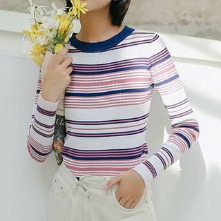 Long-sleeve Striped Knit Top Violet - One Size