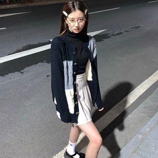 Color Block Cardigan / Pleated Mini Skirt