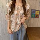 Puff-sleeve Floral Print Tasseled Blouse