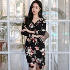 Flower Print Long-sleeve Slit Sheath Dress