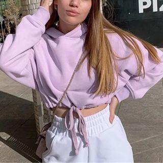 Drawstring-hem Plain Cropped Hoodie