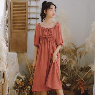 Elbow-sleeve Lace-up A-line Dress