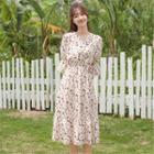 Elbow-sleeve Floral Print A-line Midi Dress As Shown In Figure - One Size