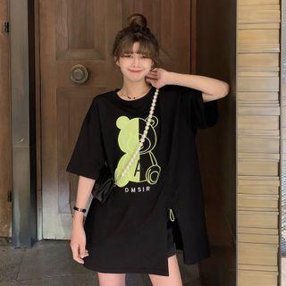 Short-sleeve Bear Print Drawstring T-shirt
