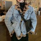 Reversible Fluffy Leopard Print Denim Jacket Reversible - Blue - One Size