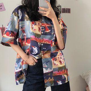 Elbow-sleeve Button-up Print T-shirt