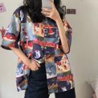 Elbow-sleeve Button-up Print T-shirt