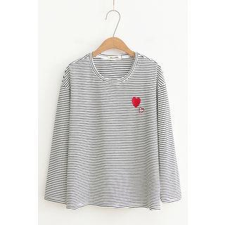 Long-sleeve Striped Heart Embroidery T-shirt