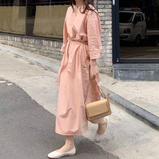 Long-sleeve Plain Midi Dress Orange Pink - One Size