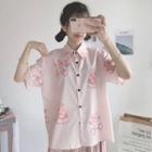 Bear Print Short-sleeve Shirt Light Pink - One Size