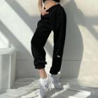 High-waist Drawstring Two-way Lettering Applique Wide-leg Pants