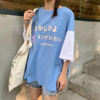 3/4-sleeve Japanese Character T-shirt