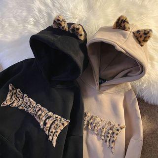 Fluffy Cat Ear Leopard Print Lettering Hoodie