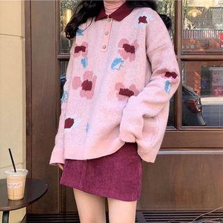 Polo-neck Floral Print Sweater / A-line Skirt