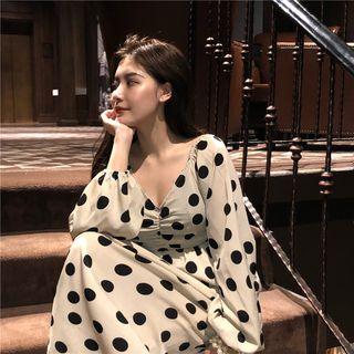Long-sleeve Crinkled Polka Dot A-line Midi Dress