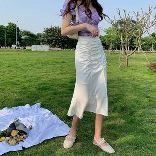 Ruched Ruffle Hem Midi Straight-fit Skirt