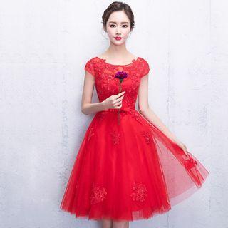Embroidered Open Back Short-sleeve A-line Cocktail Dress