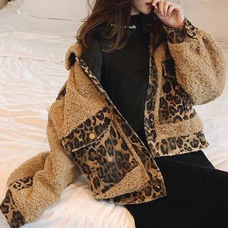 Animal Print Trim Buttoned Fleece Coat