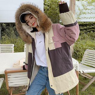 Furry Trim Fleece-lining Color Panel Hooded Jacket