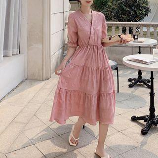 Short-sleeve Tiered V-neck Midi A-line Dress