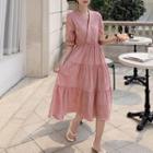 Short-sleeve Tiered V-neck Midi A-line Dress