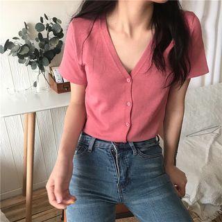 Vintage V-neck Button Short Sleeve Top