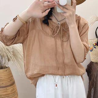 Elbow Sleeve Tie-neck Blouse