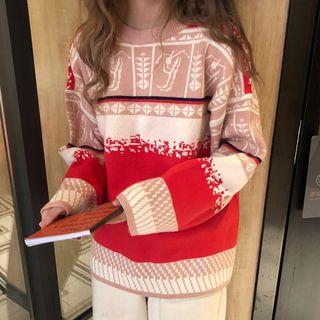 Printed Long-sleeve Sweater Red - Sweater - One Size