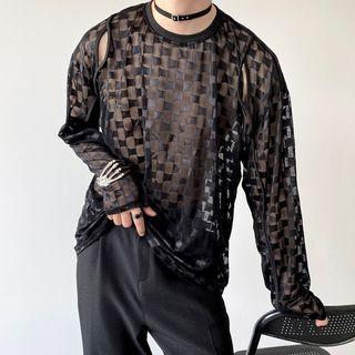 Long Sleeve Cutout Sheer Check T-shirt