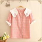 Peach Embroidered Collar Check Blouse Pink - One Size