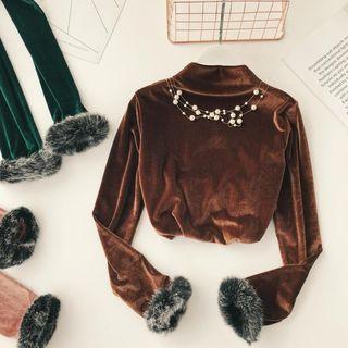 Long-sleeve Mock Neck Furry-trim Velvet Top