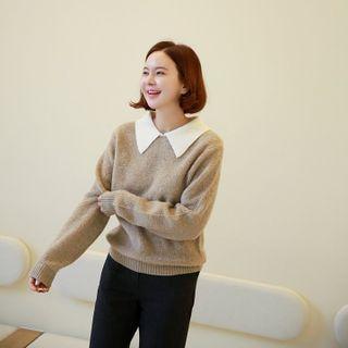 Contrast-collar Plain Sweater