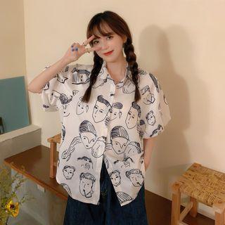 Elbow-sleeve Face Print Shirt Face Print - White - One Size
