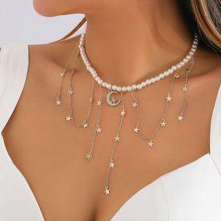 Moon Star Fringed Faux Pearl Necklace