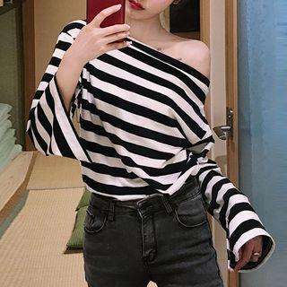 Long Sleeve Off-shoulder Striped Top Stripes - Black & White - One Size