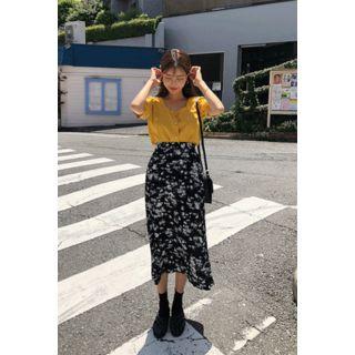 Zip-side Floral Print Midi Skirt