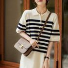 Elbow-sleeve Striped Knit Polo Shirt Dress / Knit Top
