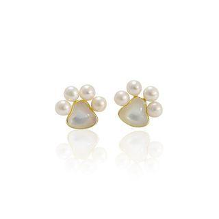 Sterling Silver Plated Gold Fashion Cute Dog Paw Freshwater Pearl Stud Earrings Golden - One Size