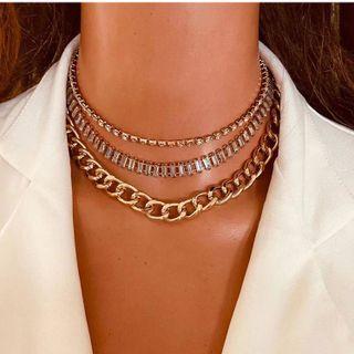 Rhinestone Alloy Layered Choker Gold - One Size