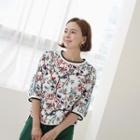 3/4-sleeve Button-trim Floral T-shirt Ivory - One Size