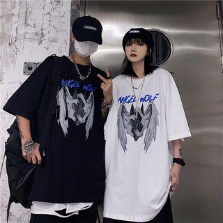 Elbow-sleeve Wings Print Lettering T-shirt